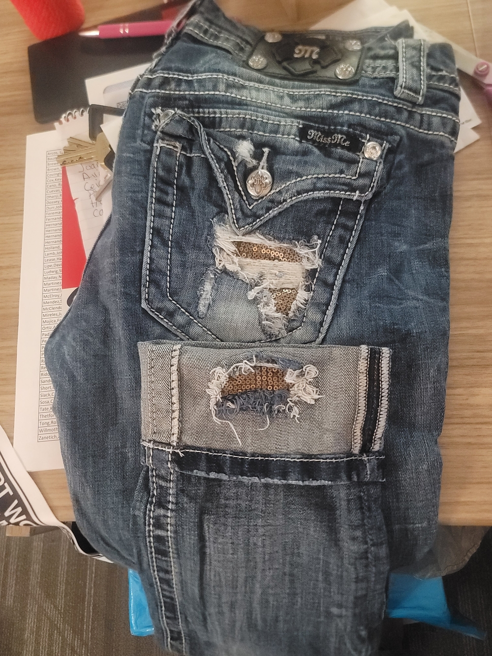 Miss Me Women's Blue Distressed Sequin Pocket Jeans